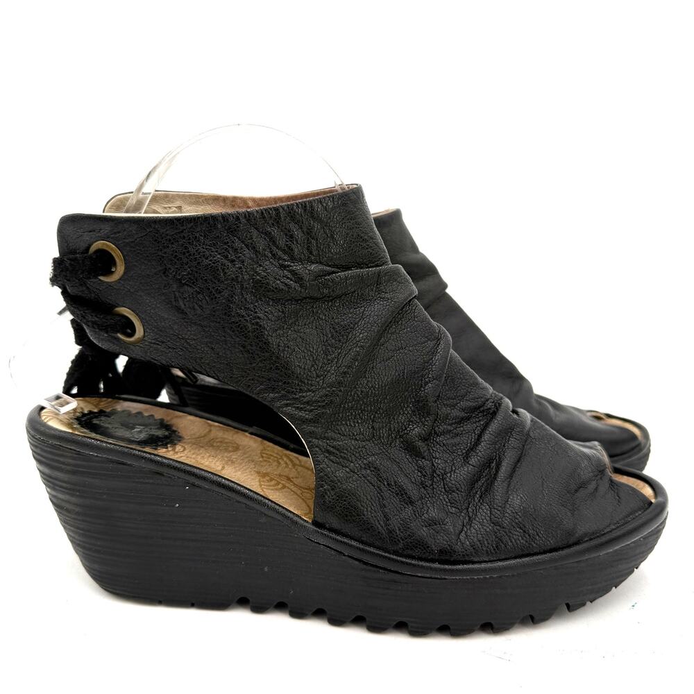 Fly London Black Leather Yema Peep Toe Wedge Heels Size 39 / 8.5-9